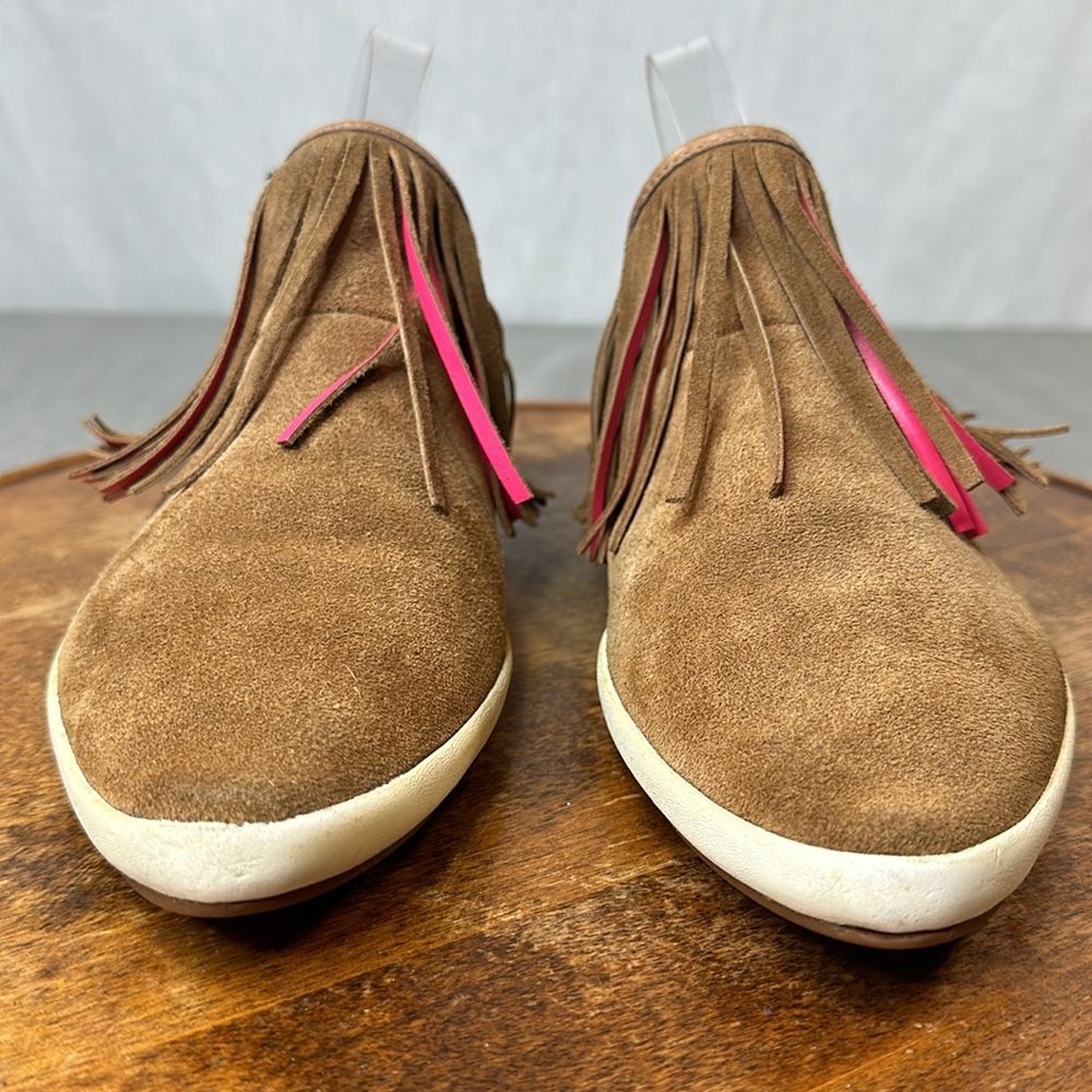 Sanuk Shoes Womens 10 Brown Suede Pink Fringe Slip On Moccasin Loafers - Picture 2 of 13